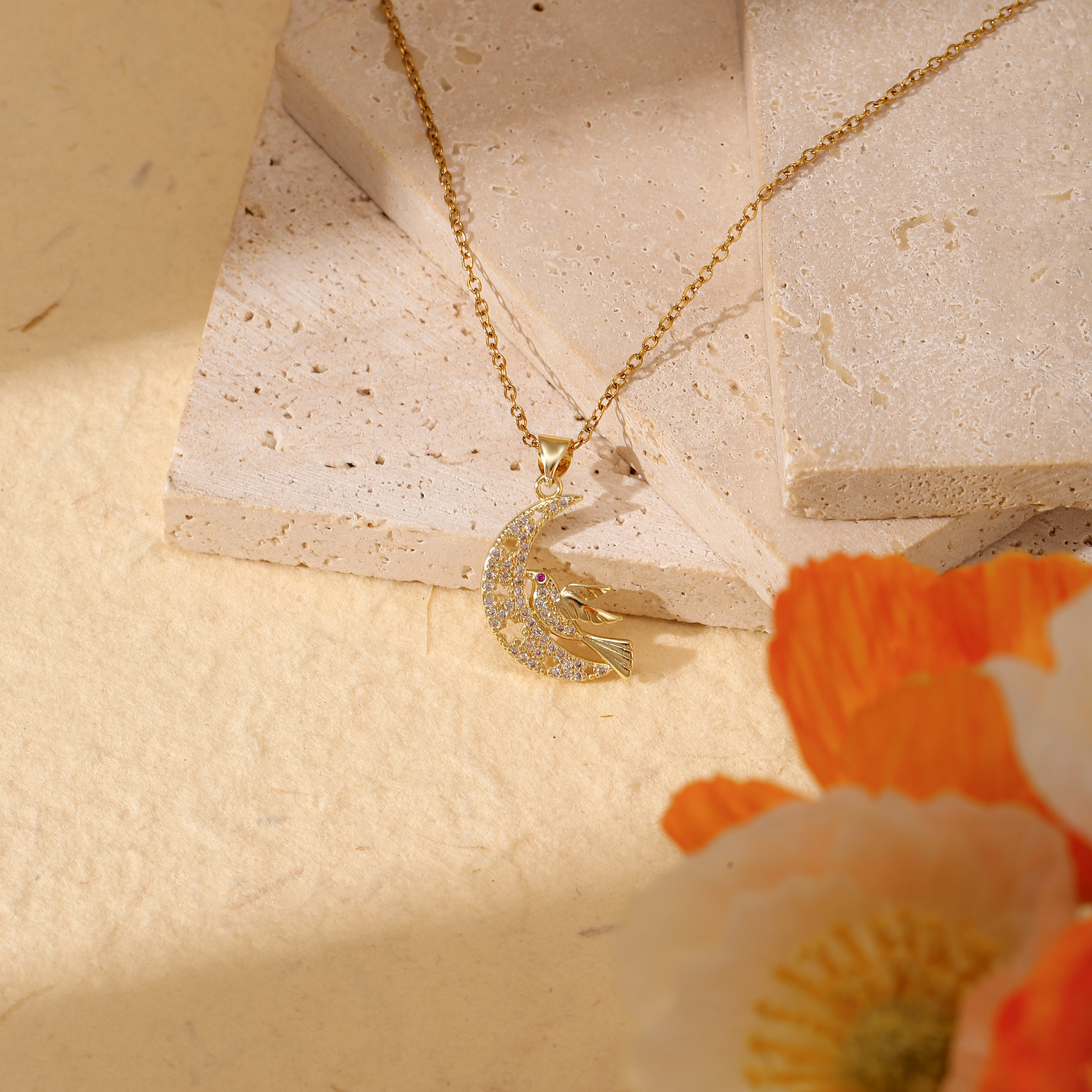 LNCHRAN Moon & Bird Necklace Stainless Steel Beach Jewelry